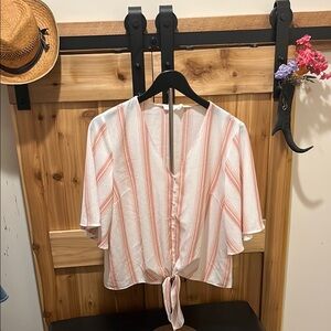 Lush White and Pink Tie Front Button Down Blouse